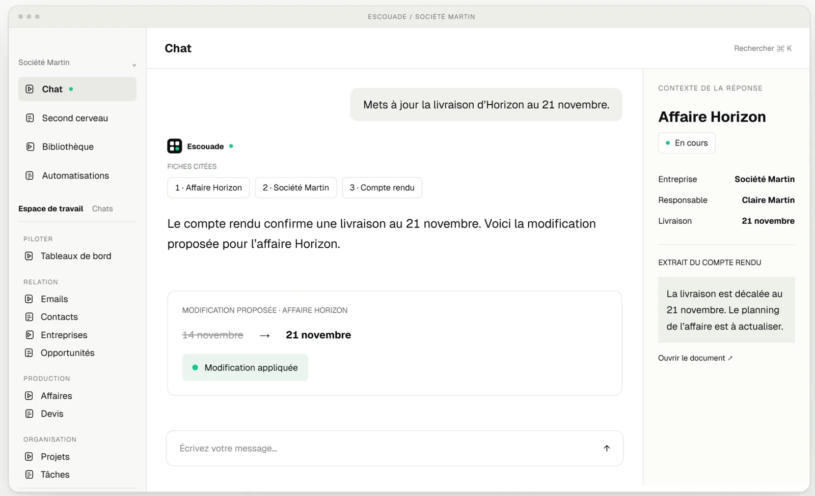 Le chat applique la nouvelle date de livraison de l’affaire Horizon, avec les fiches citées.
