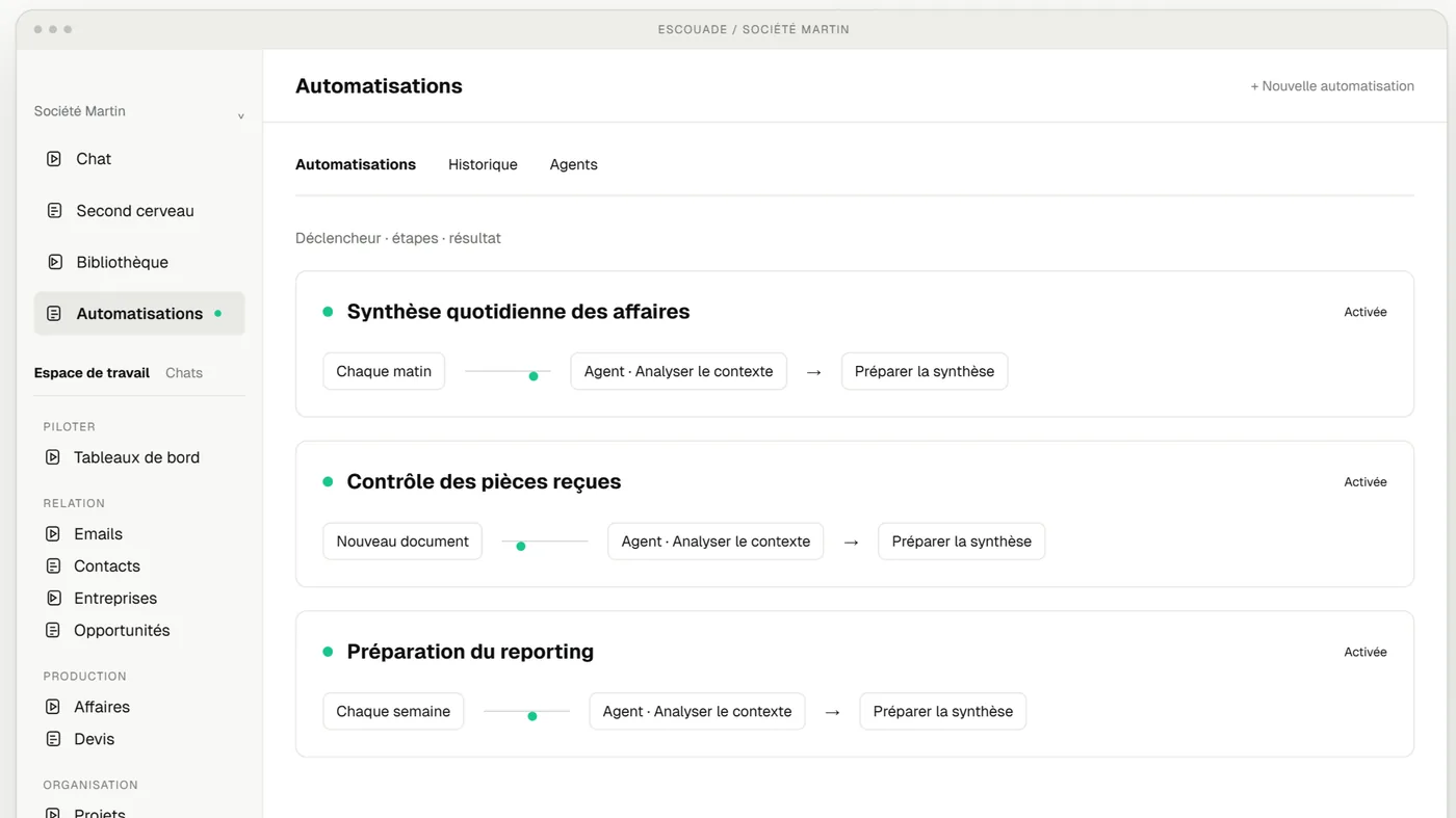 Trois automatisations : synthèse quotidienne, contrôle des pièces reçues, reporting.