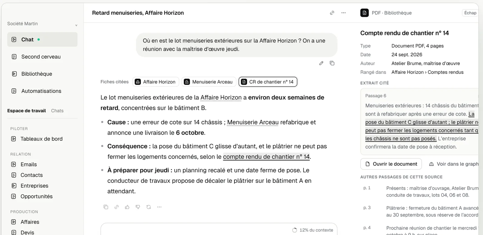 Une réponse du chat, avec les fiches citées et l’extrait du document source.