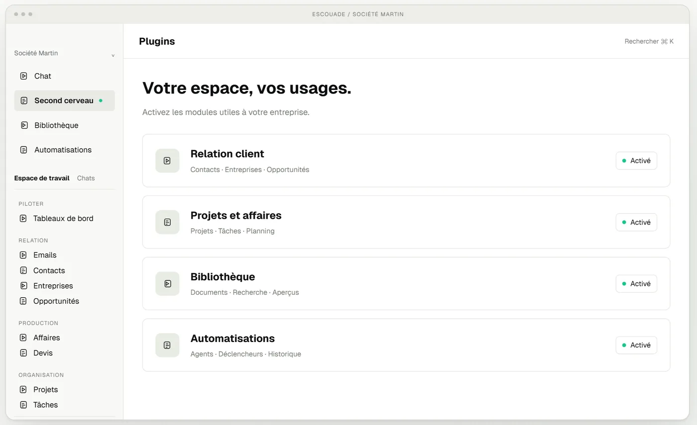 Les modules d’un espace : relation client, projets et affaires, bibliothèque, automatisations.