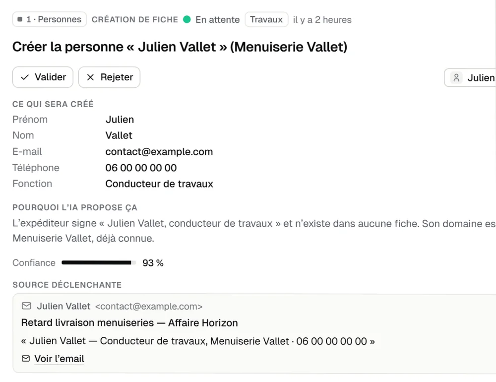 Une proposition : créer la fiche d’un conducteur de travaux, avec la raison, la confiance et l’e-mail source.